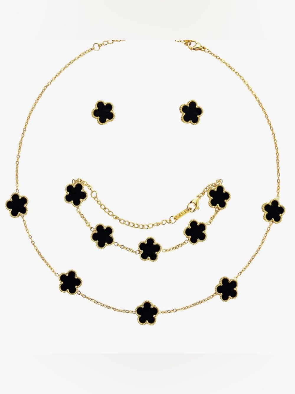Cute Nordstrom 18KT Gold Dip Blavk Clover 3PC Set Necklace.Bracelet. Earrings